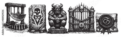 Ink drawing of fantasy objects includes a guillotine, skull stone, demon statue, chained gate, and a scroll against a white backdrop.