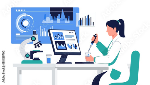 Scientist in lab analyzing data with modern technology and research equipment