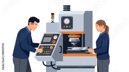 Engineers operating industrial cnc machine in factory setting