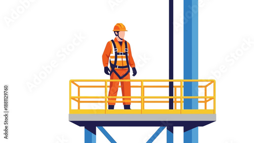 Worker in safety gear stands on elevated platform at construction site