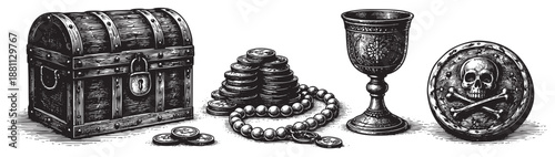 Detailed illustration showcases a wooden treasure chest, gold coin stacks, goblet, and skull shield, ideal for pirate, fantasy, or historical themed designs.