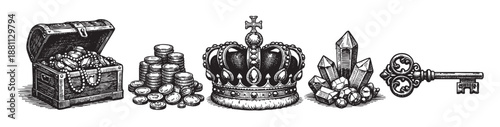 Illustration of a treasure chest, coins, crown, crystals, and key in a monochrome engraved style, ideal for use in historical or fantasy themed designs.