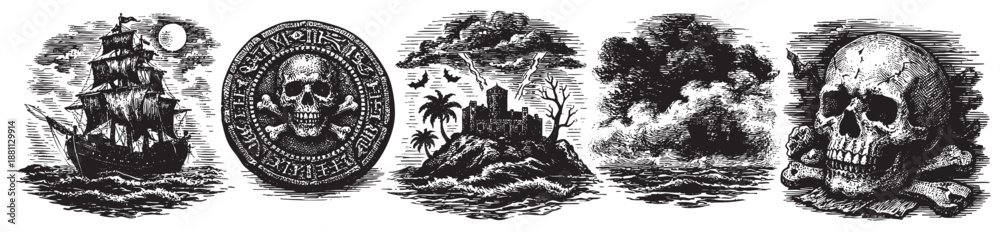 Naklejka premium Detailed black and white etchings depict pirate themes: a ship at sea, skull coin, island with castle, and skull illustration for adventurous vintage designs.