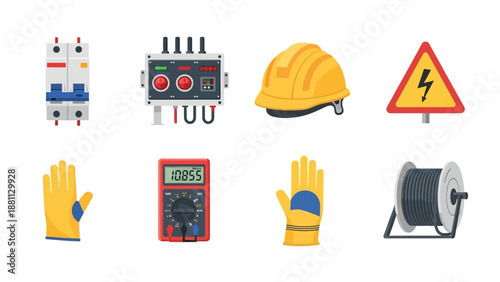 Electrical safety equipment and tools set in flat style