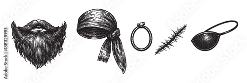 Pirate themed sketched accessories including a beard, headscarf, earring, splinter and eye patch in black and white are displayed. Perfect for pirate themed designs.