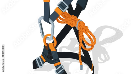 Climbing gear with rope and carabiner in flat design on white background