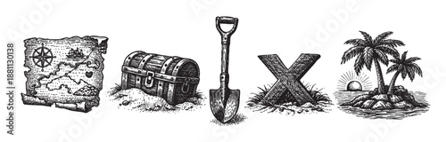 Illustration of a vintage treasure hunt concept, with a pirate map, chest, shovel, marked spot and tropical island; hand-drawn in a rustic, engraved style.