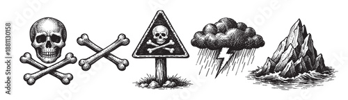 Engraved illustration depicting a skull and crossbones, a danger sign, storm cloud, and mountain, creating a hazardous or cautionary atmosphere. Ideal for vintage designs, horror themes.
