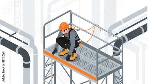 Construction worker in safety gear on high platform amid industrial pipes