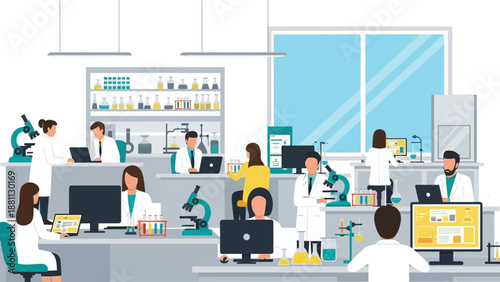 Modern laboratory research team in action: flat scientific workplace design