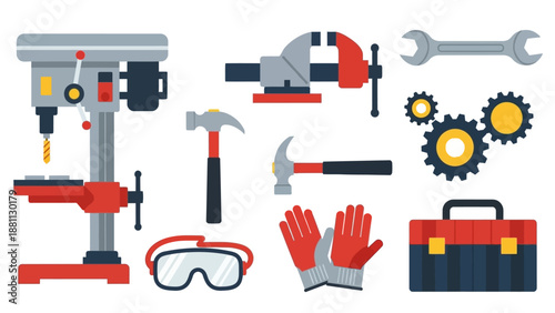 Flat design workshop tools set featuring drill, hammer, and wrench