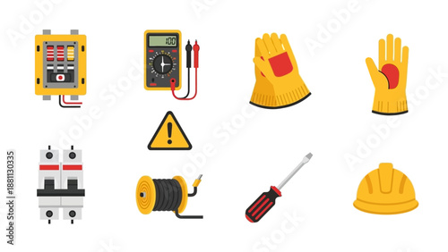 Essential electrical equipment icons: safety, tools, and protective gear