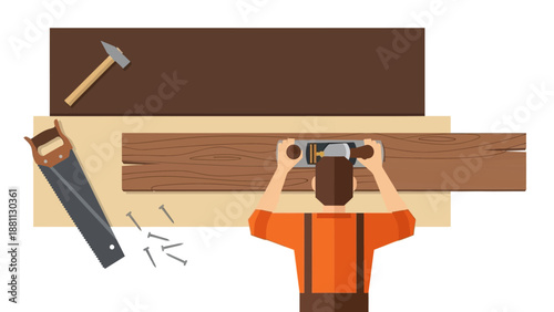 Carpenter working with wood, tools, and materials in flat design style