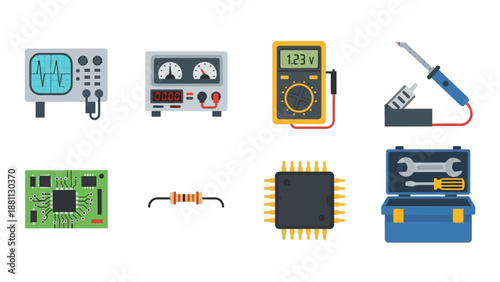 Colorful electronic tool and component icons for technical projects
