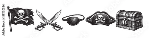 Engraved illustration set of pirate elements: flag, swords, eye patch, hat and treasure chest in black and white, isolated on a white background, suitable for designs.