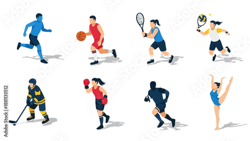 Isometric athletes engaged in diverse sports activities in dynamic poses