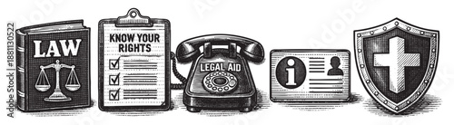 Hand drawn vector of legal assistance items depicting law book, rights document, telephone, information card, and safety shield in black and white.