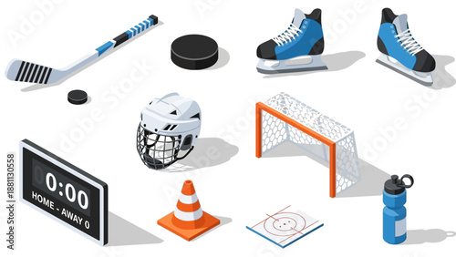 Isometric ice hockey equipment collection with skates and protective gear