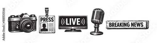 Illustration of a camera, press badge, live broadcast, microphone, and breaking news on a white background, representing journalism and media.