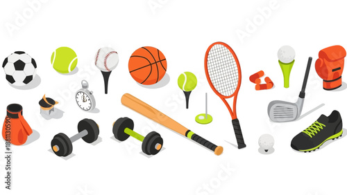 Diverse sports equipment collection featuring balls, rackets, and gear in modern style
