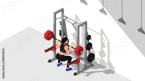 Woman performing squats on smith machine in modern gym isometric design