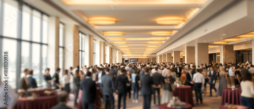 Blurred motion of large crowd attending business conference in modern hall. Defocused abstract background of corporate event networking, audience gathering in hotel lobby and busy exhibition center.