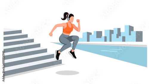 Dynamic urban fitness: woman jogging with headphones in the city