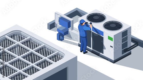 Technician servicing industrial hvac unit in isometric style