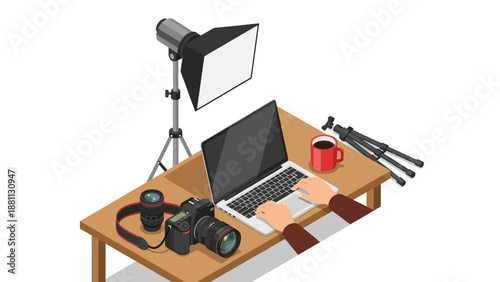 Isometric graphic designer workspace with camera and laptop on wooden desk