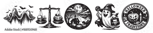 Collection of hand-drawn Halloween illustrations featuring spooky mountains, scales, ghosts, pumpkins, perfect for holiday-themed designs and decorations.