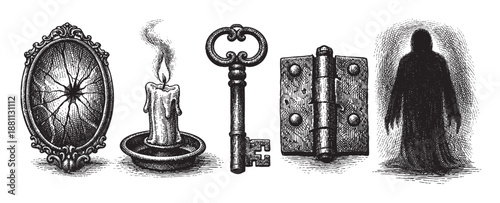 Engraving of a cracked mirror, burning candle, skeleton key, door hinge, and dark shadow figure, creating a spooky and mysterious composition.