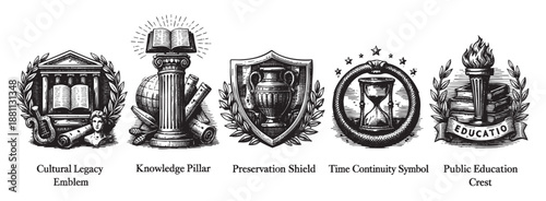 Collection of five emblems representing cultural legacy, knowledge, preservation, time continuity, and public education, rendered in black and white vintage engraving style.