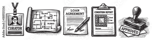 Stylized illustration of art museum paperwork including curator ID, blueprint, loan agreement, condition report, and approved stamp in black and white with crosshatching.