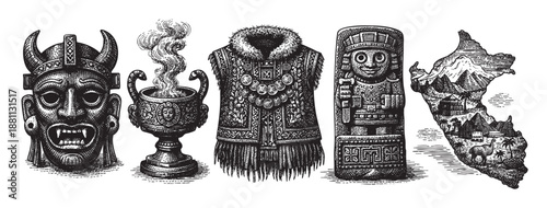 A vintage engraving shows several ancient Peruvian artifacts, including a mask, smoking chalice, clothing, statue and the map of Peru filled with cultural icons.