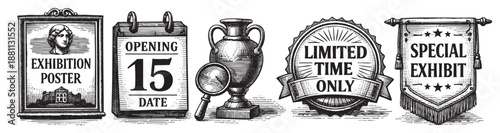 Vintage style vector illustration with different exhibition event announcements, including a poster, calendar, vase, emblem, and banner, all in engraved black and white.