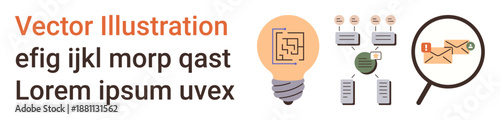 Innovation, workflow optimization, communication analysis, data integration, email security, digital processes. Lightbulb with circuit, workflow diagrams magnified email. Innovation and workflow