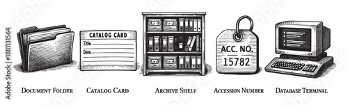 This vintage-style illustration depicts a document folder, catalog card, archive shelf, accession number, and database terminal, suitable for archival, historical, or record-keeping themes.