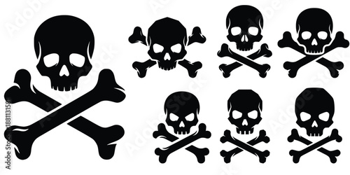 Skull and Crossbones Icons Set – Black Pirate Danger Symbols, Poison Warning Skull Silhouettes Isolated on White Background