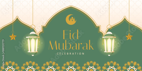 Eid Mubarak Celebration Banner with Elegant Lanterns and Islamic Arch