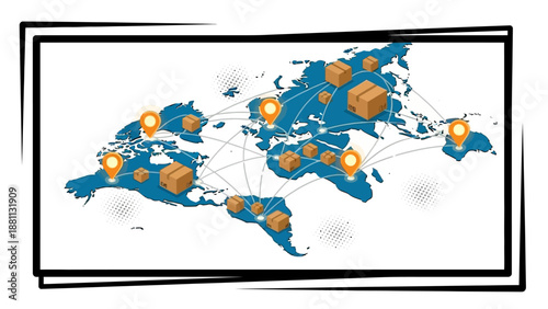 Global shipping network concept with 3d icons and world map in flat style