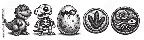 Vector engraving style illustration showcasing a dinosaur, skeleton, egg, fossil, and footprint icons for educational materials and children's products, set against a clean white backdrop.