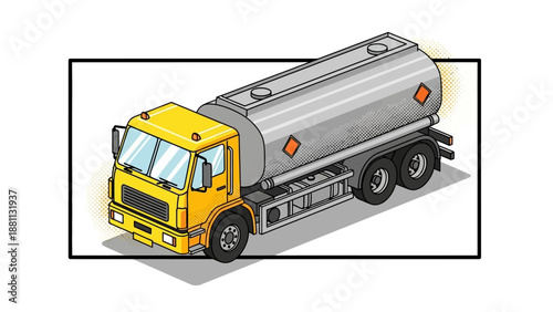 Isometric fuel tanker truck with bold outline and halftone details