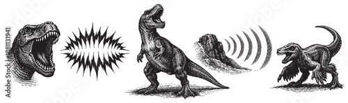 Engraved illustration of different dinosaur poses, including Tyrannosaurus rex and Velociraptor, showing them communicating and roaring in a prehistoric environment.