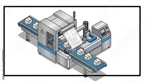 Isometric factory machine processing boxes on conveyor belt for industrial automation