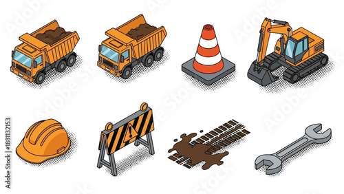 Isometric construction icons: dump truck, excavator, traffic cone, wrench, hard hat, mud, barricade