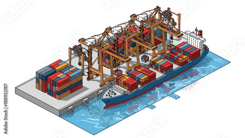 Isometric cargo ship with cranes and containers at dockside port