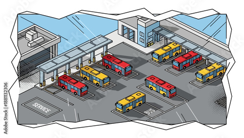 Urban bus station in isometric style featuring colorful buses and modern architecture