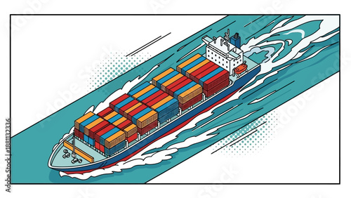 Colorful cargo ship in motion on waterway with halftone effect
