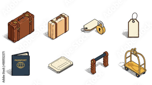 Isometric luggage icons: travel essentials for vacations and business trips