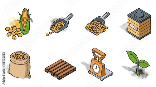 Isometric corn farming elements with agricultural tools and plants